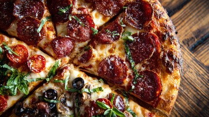 Delicious pepperoni pizza with basil, tomatoes, and olives on a wooden table ready to eat