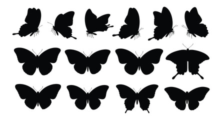Collection of diverse black butterfly silhouettes in various poses and wing shapes on a white background