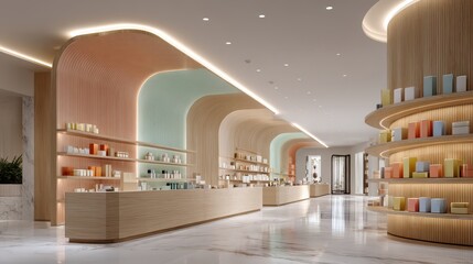 Modern and bright interior of a beauty store with shelves full of products and a minimalist design aesthetic
