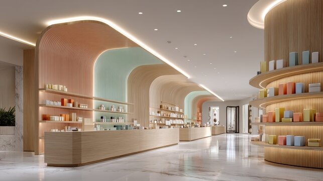 Fototapeta Modern and bright interior of a beauty store with shelves full of products and a minimalist design aesthetic