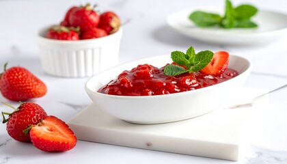 Bright, close view of strawberries and jam in white bowls on a white marble background, with green mint garnishes