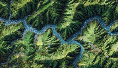 High-angle view of a lush, mountainous landscape with winding rivers. Green, vibrant terrain carved by flowing water. Detailed textures