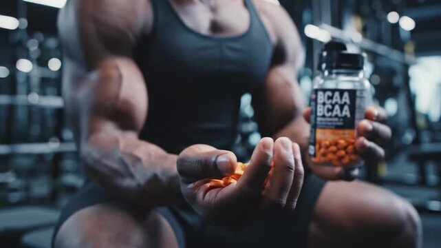 Cinematic video footage of a muscular athlete holding a BCAA supplement bottle inside a gym, emphasizing strength, fitness lifestyle, and sports nutrition.
