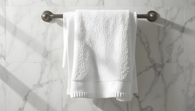 Plush white towel hangs elegantly on a modern metallic bar against a sophisticated marble tiled wall, evoking spa luxury and clean comfort.