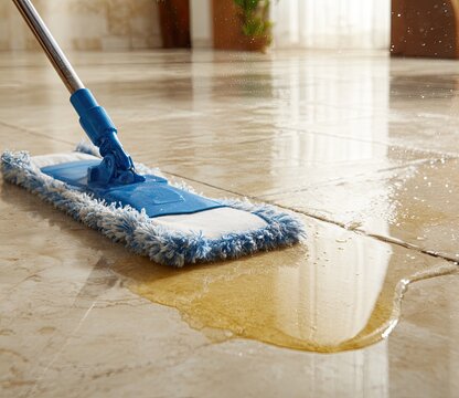 Wet mop cleaning a spilled liquid on light beige tile floor - Powered by Adobe