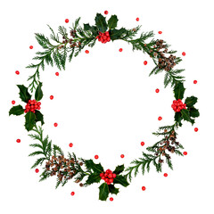 christmas wreath with holly berries and fir 