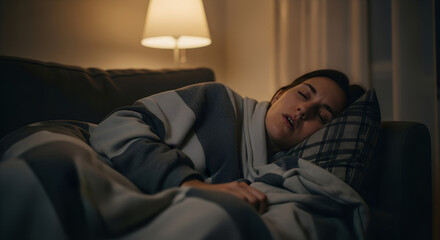Obraz premium Woman sleeping peacefully on couch under blanket in cozy living room 