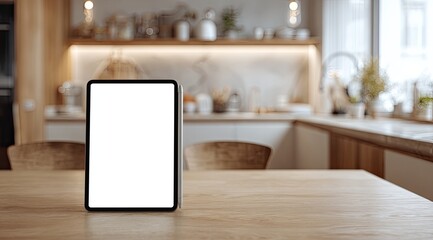 Modern tablet on a light wooden kitchen table, blank screen.  Blurred background of a bright, minimalist kitchen