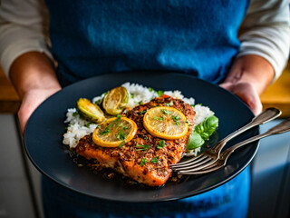 Woman holding plate with baked salmon with white rice, close up