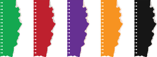 Colorful torn-paper strip set featuring green, red, purple, orange, and black edges with perforated-style dots. Clean vector layout ideal for labels, banners, dividers, and scrapbook designs.