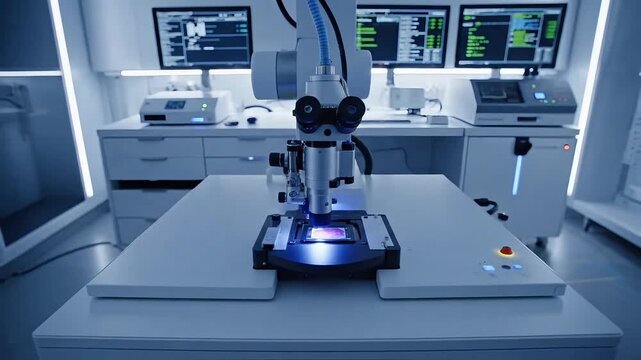 Dynamic cell research under microscope in modern lab setting, envisioning medical breakthrough with cutting edge technology and scientific discovery