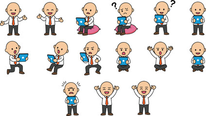 Cartoon businessman with tablet, various emotions and actions, vector illustration for office, work, tech, communication, and business presentation themes