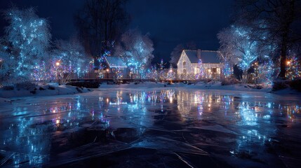 festooned holiday light show near a frozen lake,