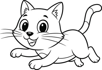 Cute cartoon kitten running happily, black and white line art vector illustration perfect for coloring pages, children's books, and playful pet-themed designs.Print