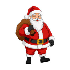 Santa Claus with gift sack in cheerful Christmas cartoon illustration isolated on transparent background