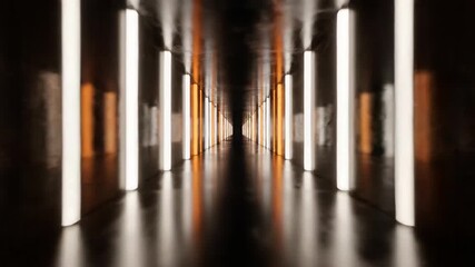 An endless dark tunnel with alternating bright orange and white lights extending into the distance.