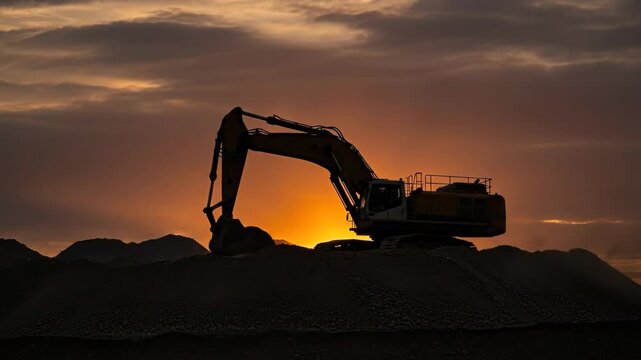 Dramatic sunset silhouette of excavator in motion transforming earth landscape