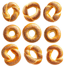 Fototapeta premium Set of sesame bagel with a twisted shape isolated on white transparent background, representing comfort food