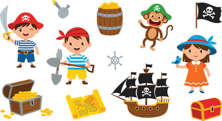 Cute cartoon pirate kids with treasure chests, gold coins, a ship, and monkey, perfect for children’s adventures, party themes, and playful nautical designs.
