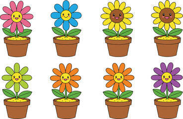 Cute cartoon potted flowers with smiling faces, colorful vector illustration for spring, garden, nursery, kids decor, and cheerful nature themes