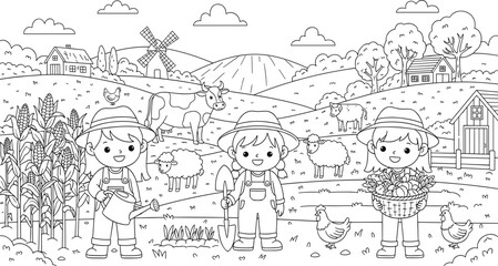 Cute children on a farm with animals and crops, black and white line art for coloring books, kids activities, agriculture, and rural life themes