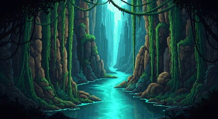 pixel art game level background, 8 bit, landscape, arcade video game, pixel style. Lush jungle river flowing through a deep, moss-covered canyon.
