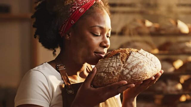 Cinematic video footage of a woman holding a freshly baked loaf of bread in a warm bakery, inhaling the aroma and enjoying the comforting atmosphere of handmade artisan baking.
