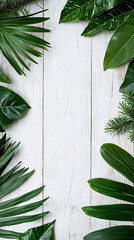 Flat lay border of mixed tropical and coniferous green leaves on a white painted rustic wooden background with copy space. Natural health and beauty product template