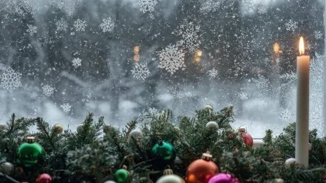 A cozy and festive winter scene viewed from a windowsill. A single, lit candle casts a warm, flickering glow on colorful ornaments and evergreen branches. Through the glass, which is decorated with fr