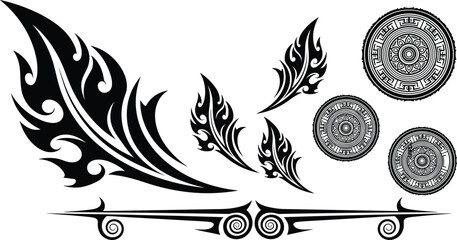 Tribal flame and circular mandala patterns, black and white vector illustration for tattoo design, body art, decorative borders, and ethnic ornament themes