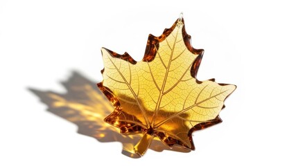 Golden maple leaf with shadow on white