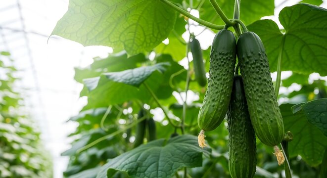 Ripe cucumbers hanging in ripe cucumbers hanging sustainable farming and organic produce.a modern indoor hydroponic greenhouse - Powered by Adobe