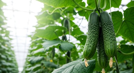 Ripe cucumbers hanging in ripe cucumbers hanging sustainable farming and organic produce.a modern indoor hydroponic greenhouse