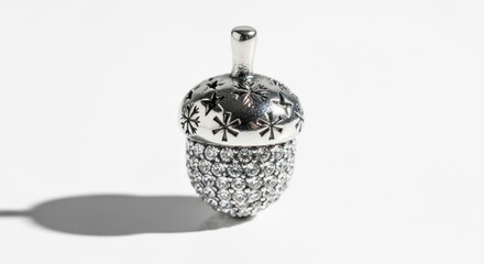 Close-up of a silver acorn pendant with