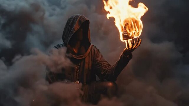 A dark sorcerer in a tattered robe conjures flames, holding a burning skull aloft amidst billowing smoke. This dramatic and mysterious fantasy scene represents power, destruction, and dark rituals.