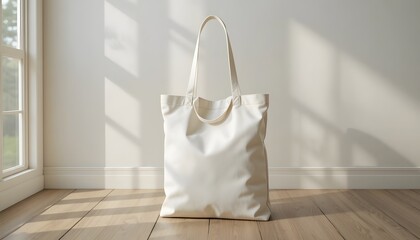 Stylish reusable tote bag mockup for branding on sunlit wooden floor, showcasing eco-friendly design for conscious consumers in a bright, minimalist setting