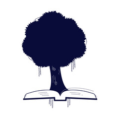Tree grows from opened book. Wisdom growth background.