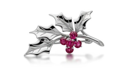 Silver holly leaf brooch with red