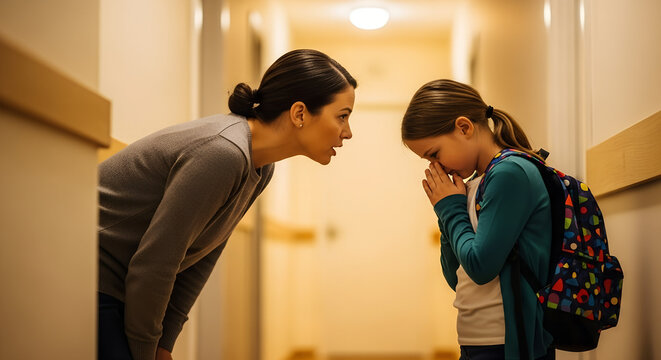 Mother disciplining daughter in hallway with a concerned expression  