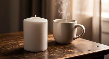 Fototapeta premium Cozy Warmness Cup of Hot Beverage and Unlit Candle on Wooden Surface for Relaxation and Comfort