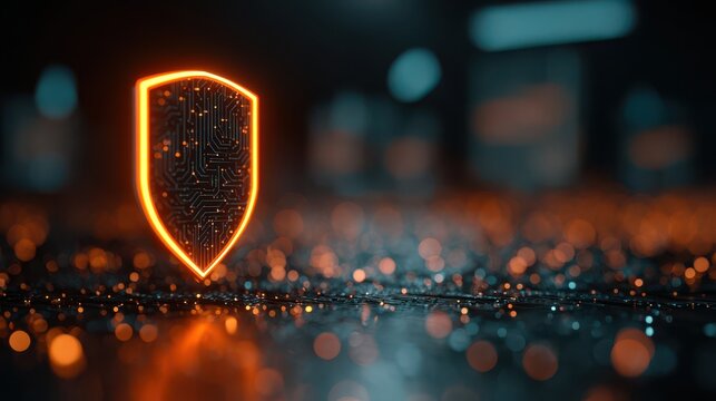 A glowing shield emblem hovers above a surface with scattered lights, symbolizing cybersecurity and data protection in a digital landscape