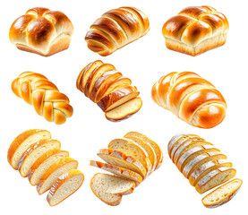 Assorted challah bread loaves and slices in style on white background, concept of traditional baking and fresh bakery