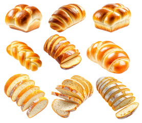 Assorted challah bread loaves and slices in style on white background, concept of traditional baking and fresh bakery