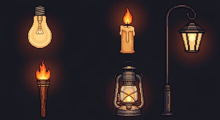 Diverse Light Sources Collection Incandescent Bulb Candle Torch Lantern Lamppost Retro Pixel Art Style