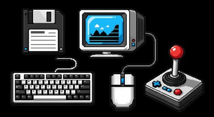 Retro Computing Setup Floppy Disk CRT Monitor Keyboard Mouse and Joystick