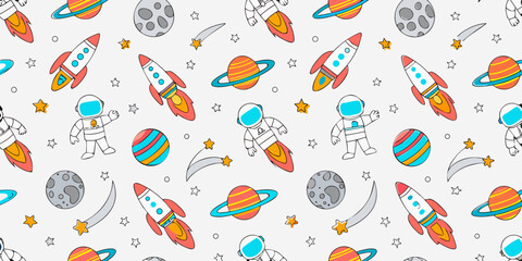 Cute cartoon space pattern with astronauts rockets planets stars and moons on white background © Ranajit