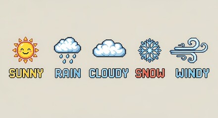 Pixel Art Weather Icons Sun Rain Clouds Snow Wind Forecast Symbols