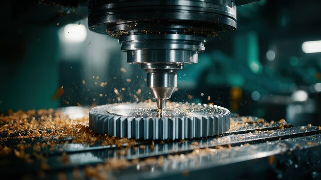 Precision milling machine cutting a gear with high accuracy, showcasing modern manufacturing and engineering