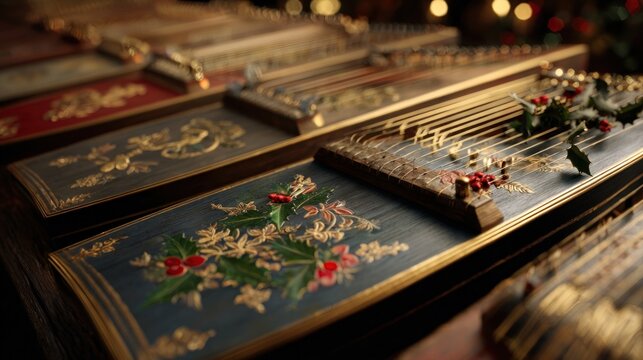 Festive zither workshop with stringed instruments decorated with holly,