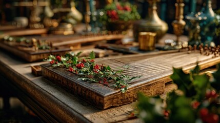 Festive zither workshop with stringed instruments decorated with holly,